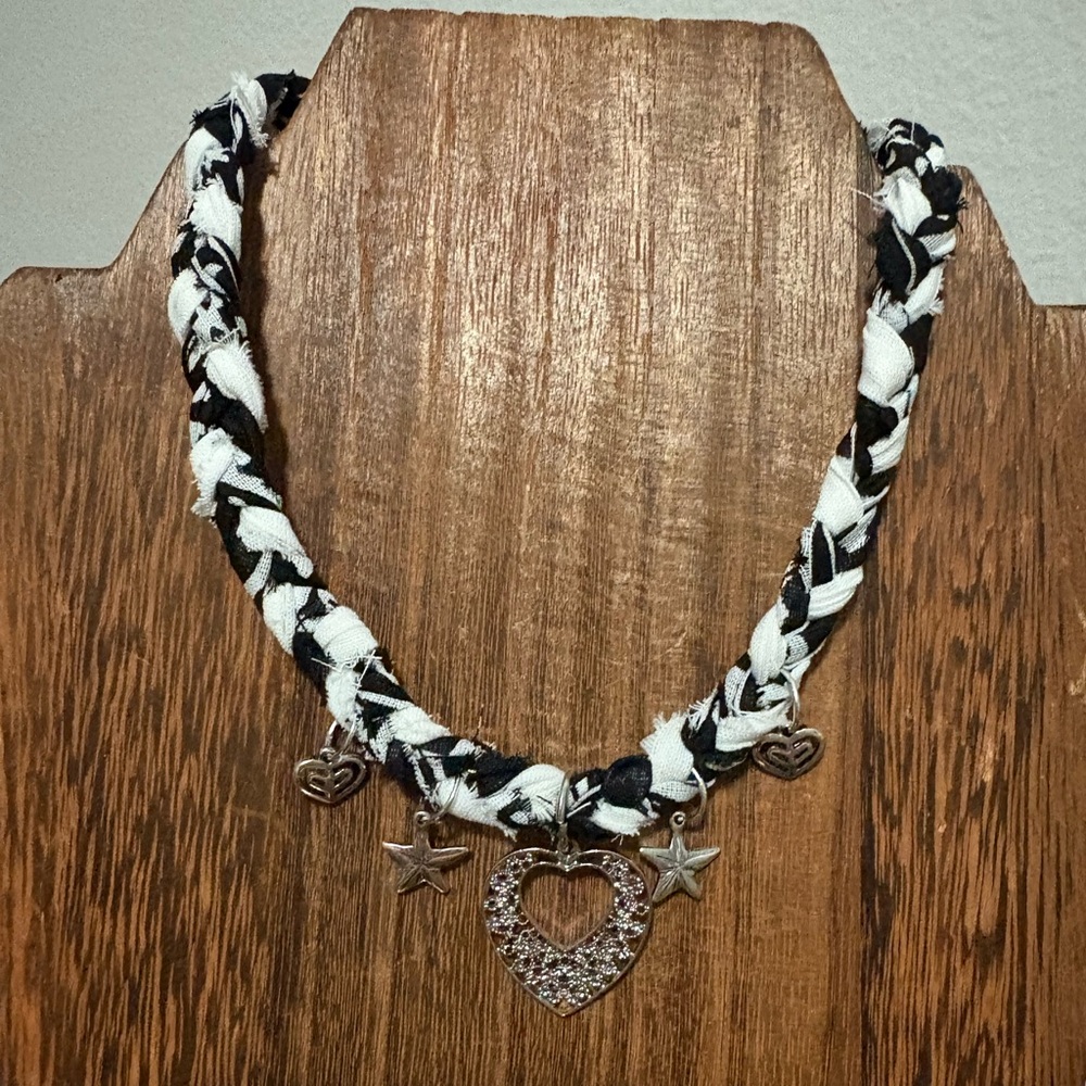 Handmade Braided Black & White Heart, Star, bird, dainty Charm Necklace.